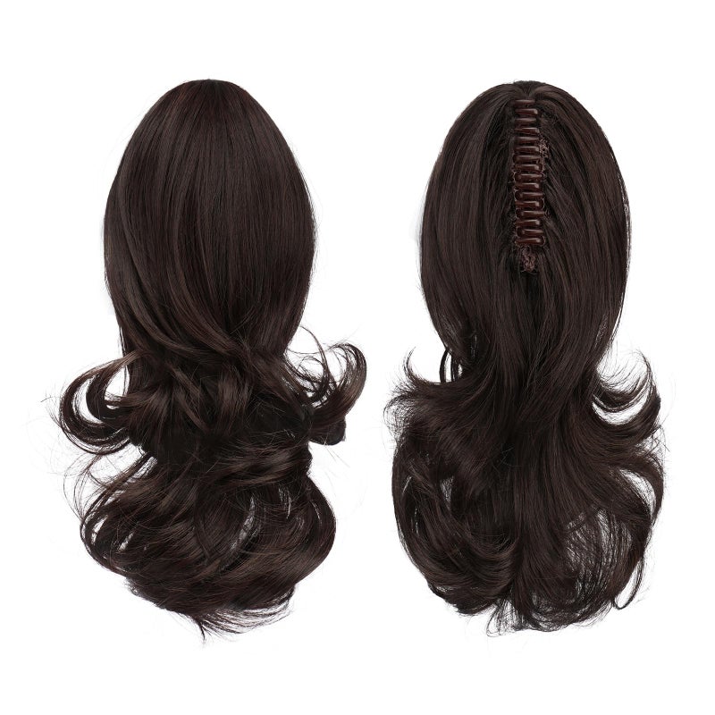 Sofeiyan 13" Ponytail Extension Long Curly Ponytail Clip in Claw Hair Extension Natural Looking Synthetic Hairpiece for Women, Dark Brown & Dark Auburn Mixed - Image 2